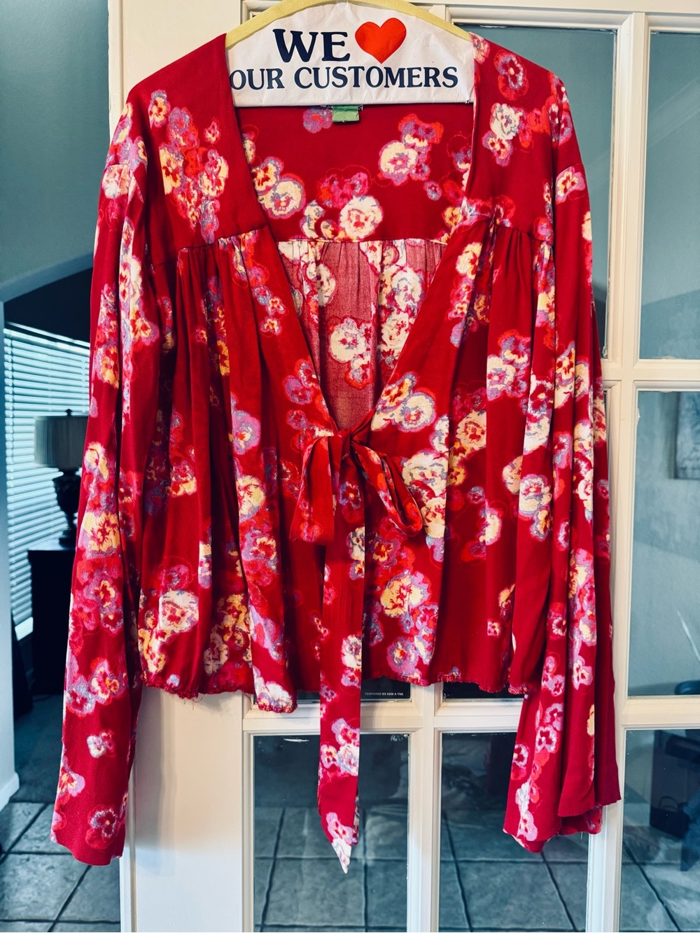 Free People Red Floral Tie-Front Blouse